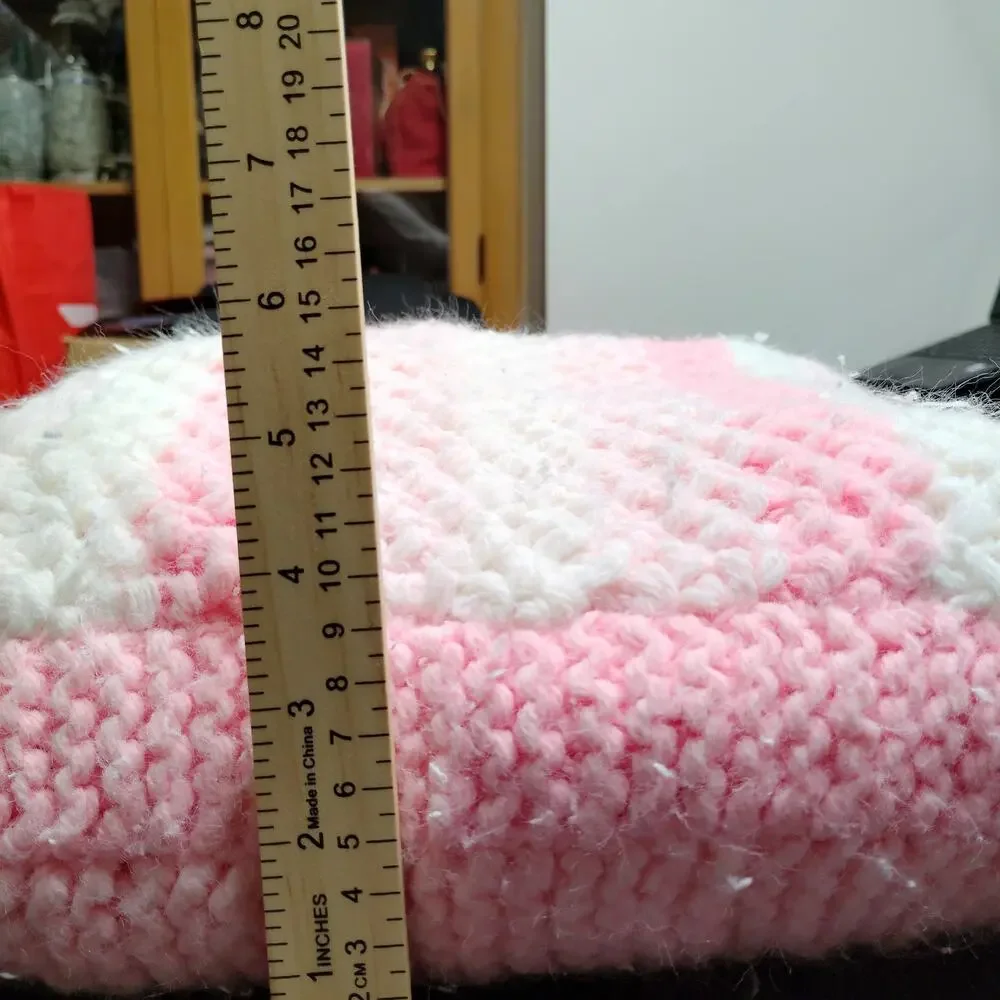 Handmade Knit Pillow Diagonal Sand Stitch Pink White Accent